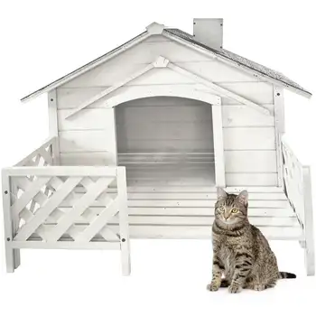 Къщичка за домашни любимци с веранда | Устойчив на атмосферни влияния къща за животни с тегло до 44 кг | Водоустойчив | идеален за котки, кучета и зайци | Бял смърч