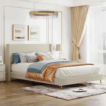 Легло-платформа от вельвета кралски размери с метални крака, бежов цвят