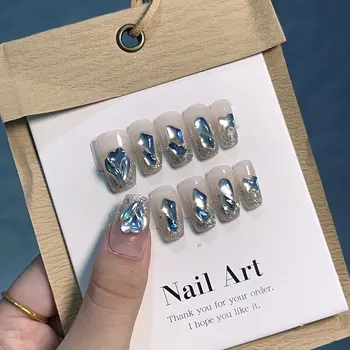 Ледено синята преса за нокти ръчна изработка-кристали с форма на диамант в средата с матирано покритие-Невероятно красив №EM1539