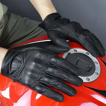 Летни кожени мотоциклетни ръкавици премиум-клас за шофиране, черен