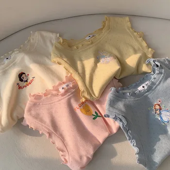 Летни памучни блузи на бретелях за малки момичета, детски тениски без ръкави, с изображение на анимационни филми, отворени тениски за момичета на Едро