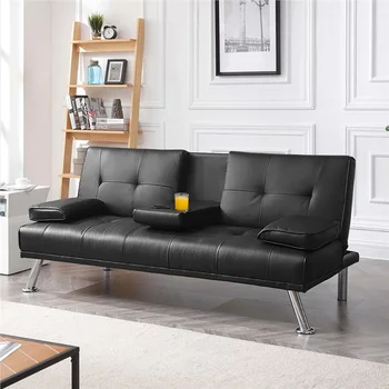 Луксозен Модерен разтегателен диван-futon от изкуствена кожа с възглавници и подстаканниками