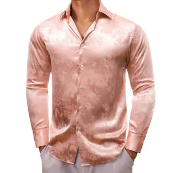 Луксозни ризи с дълъг ръкав за мъже, Копринен сатен, розово цвете, приталенные мъжки блузи, блузи с яка, копчета, Дишащи дрехи
