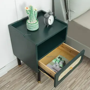 Малка странична масичка от ратан Скандинавски дървесина за спални, мебели за малък апартамент, нощно шкафче с чекмедже, Мини-шкаф за съхранение на спалня