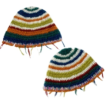 Мека Топла шапка Еластична вязаная шапка в райе за басейн с разноцветни пискюли