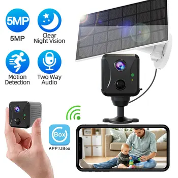 Мини камера Ubox 5MP, WiFi, Слънчева енергия, Вътрешен монитор за наблюдение, Защита, сигурност, видео-Наблюдение, Акумулаторна Батерия, IP камера