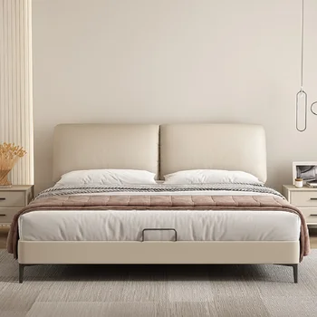 Минималистичная Луксозна спалня от естествена кожа, Модерна Проста Сватбена легло в кремовом стил
