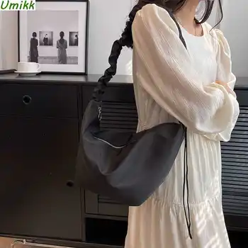 Модерна чанта през рамо, однотонная холщовая плиссированная Дамска чанта-месинджър, Голяма чанта голям за Почивка, Просто за дамски чанти-кнедли
