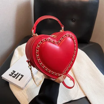 Модни чанти през рамо във формата на Сърце за жени, Луксозни Дизайнерски кожени чанти, Брандираната Дамска чанта-портфейл с верига през рамо