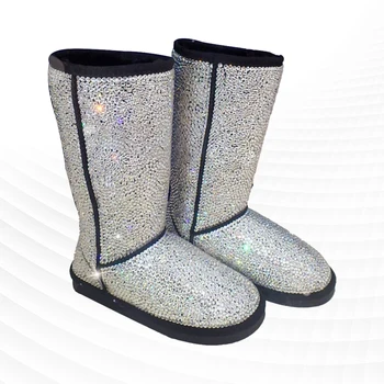 Модни черни зимни обувки с диаманти, удебелена топло нескользящая популярна дамски памучен обувки с кадифе, дамски обувки