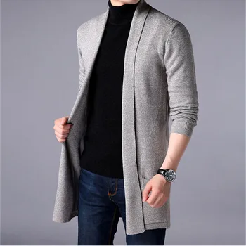 Мъжки палта-пуловери, Нова мода есен Мъжки Тънка Дълга однотонная вязаная яке, Модерен, Мъжки ежедневни пуловер, жилетка, палто