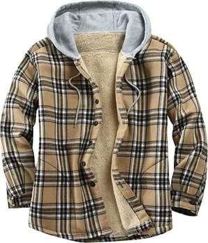 Мъжки фланелевая риза, яке с ватирана подплата, палто в клетка с дълъг ръкав, мъжки плътно памучно палто с качулка, мъжки яке