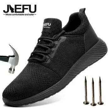 Нова леки защитни обувки JIEFU за мъже и жени, работни обувки със стоманени пръсти, нескользящие дишащи строителни маратонки