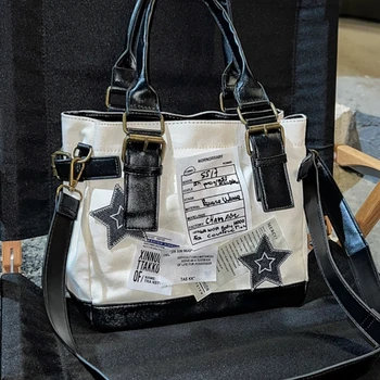 Нова Реколта дамски чанти-тоут Y2k с шарени звезди и писмото дизайн, по-Голямата Голям чанта през рамо в стил Харадзюку, Ежедневни холщовая чанта