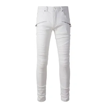 Нови Високи Улични модерни Мото-Байкерские Тесни дънки, Мъжки Бели Дънкови панталони в стил мозайка, Маркови панталони, Мъжки дънки Участък Slim Fit