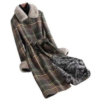 Новост Зимата 2023, Винтажное плътно клетчатое флисовое палто със средна дължина, с имитация на норкового флисового яка, Дамско корейското клетчатое флисовое палто V1