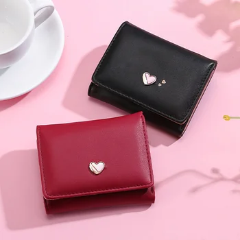Обикновен Кратък чантата си в три събиране за Момичета с Розово Сърце, устойчив на абразия ултра-тънък Портфейл за монети, Женски Portefeuille Homme