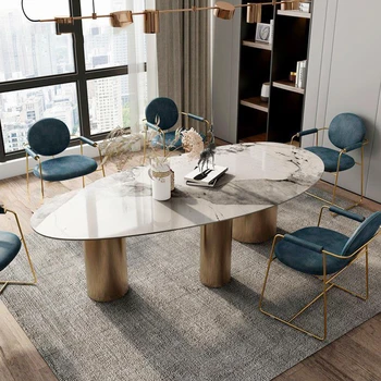 Овална маса за хранене от шисти и комбинация от стола за голямо семейство Модерен минималистичен лесен кухненската маса лукс на вила 화장대 Мебели