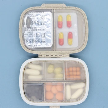 Органайзер за таблетки на 8 мрежи, пътна кутия за хапчета с изтичане пръстен, малка кутия за таблетки, кутия-органайзер за лекарства от слама пшеница