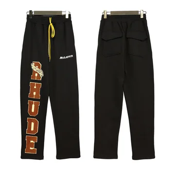 Панталони RHUDE, мъжки модни Свободни стикери с логото на черни ежедневни прави панталони