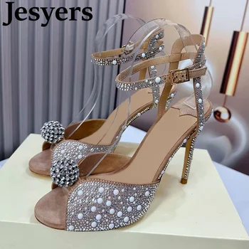 Подиумные сандали на тънък висок ток с декорация във формата на кристали, луксозни Дамски Сандали на платформа с отворени пръсти и каишка на щиколотке, Лятна чубрица модела обувки