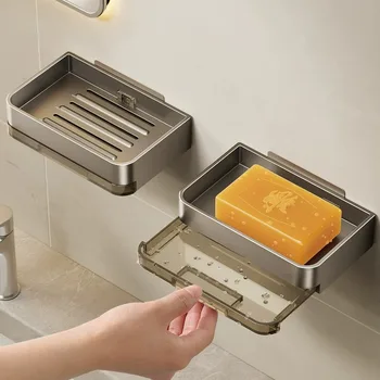 Препарат за съдове с монтиран на стената Тоалетна чиния Без дупки Двуслойни Кутия за източване на сапун Домакински Баня Монтиране на Багажник за сапун Стенни полици За съхранение на гъби
