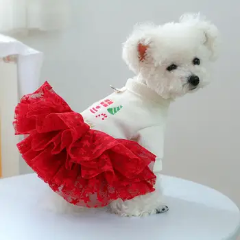 Рокля за домашни любимци Елегантна бродерия на Коледни червена рокля за торта Лесно почистване Трайно Принцеса рокля за Кучета и котки Стоки за домашни любимци