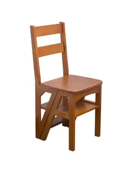 Сгъваем Стол от масивно Дърво, богат на функции Домакински Компактен Стълбище с Двойно предназначение, стол с облегалка, Висока Табуретка с четири стъпки