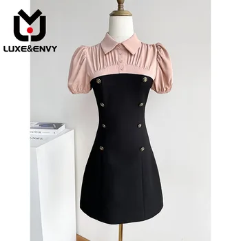 Секси лятна рокля във френската черно стил LUXE & ENVY, елегантна къса пола за малкия човек с висока талия