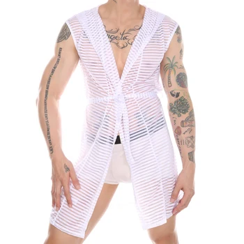 Секси Шарени Прозрачен халат за баня с качулка, нощница, халат, пижами, однотонная черно-бяла прозрачна пижама, пижамные халати за мъже