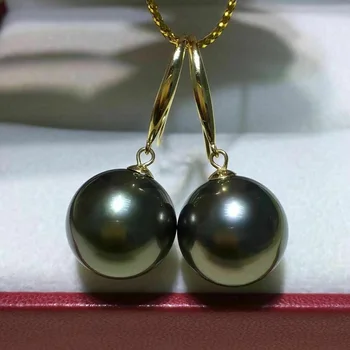 ТА Блясък 10-11 мм истински естествени черни перли от Таити, обеци от злато 14