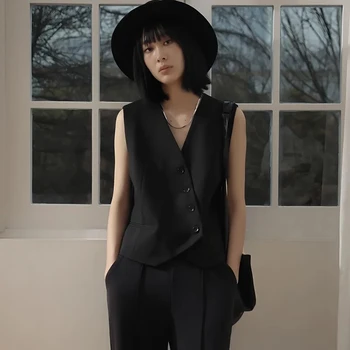 Черен костюм и жилетка, дамски корейската мода, моден дизайн, Лятна яке без ръкави, нова горна дреха, ретро оборудвана жилетка, топ