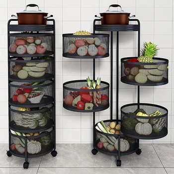 Черна 5-ярусная кошница за плодове, Метални кошници за съхранение в кухнята, рафтове за битови помещения с колела