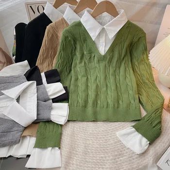 Яка Поло, Есенно-зимния пуловер, Пуловери, Дамски 2023, Нов Тънък-Дебел Обикновен Скок в корейски стил с дълъг ръкав, дамски плетива Q36